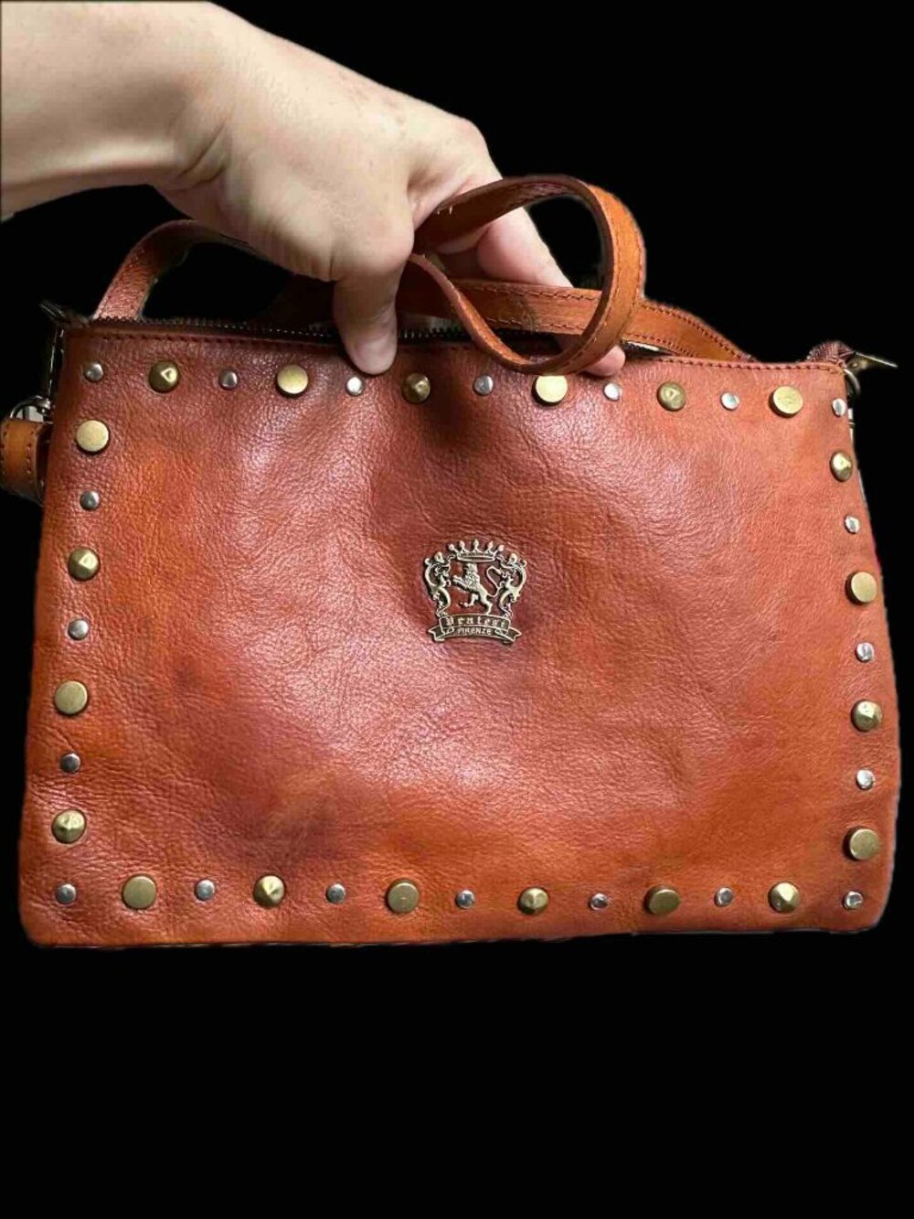 Beautiful Vintage Pratesi Leather Crossbody Clutch Bag Studs CognacBrown Italy